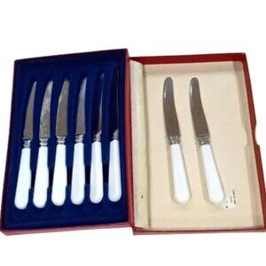 Vtge Box Set of 6 (Plus 2) Stainless Steel Sheffield Small White Handled Knives